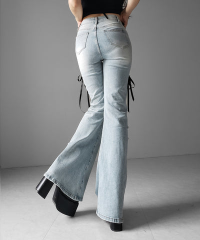 サテンリボンレースアップカットアウトストレッチフレアデニム ／ satin ribbon laceup cutout stretch flare denim