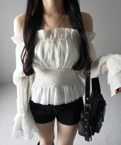 【 ２color ／ ２WAY 】ウエストシャーリングシアーフリルオフショルブラウス ／ waist shirring sheer frill off shoulder blouse