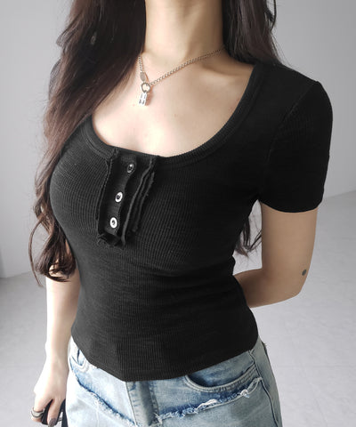 スクエアヘンリーネック半袖ピチＴシャツ ／square henley neck short sleeve pichi T-Shirt