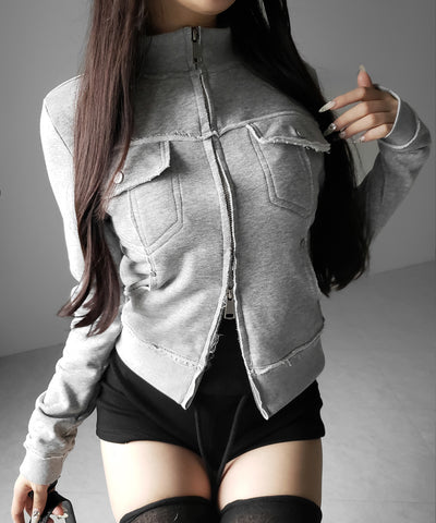 ダブルジップアウトポケット裏毛スリムジャケット ／ Double-zip outer pocket sweat slim jacket