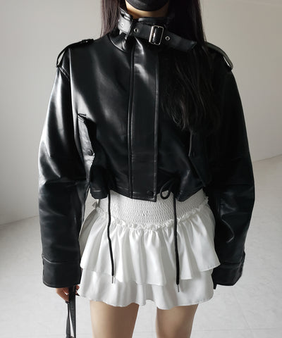 【 ２WAY 】スタンドカラーベルテッドフェイクレザーショートブルゾン ／ stand collar belted fake leather short blouson