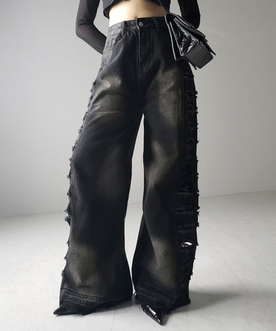 【 ４size 】ヘビークラッシュサイドダメージブラックヴィンテージデニム ／ heavy crush side damage black vintage denim