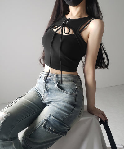 【 ２color 】レースアップリボンカットアウトリブショートタンク ／ laceup ribbon cutout rib short tank