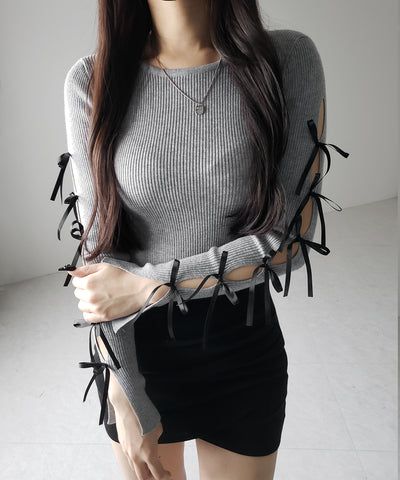 【 ２color 】カットアウトリボンショートリブニット ／ cut out ribbon short rib knit