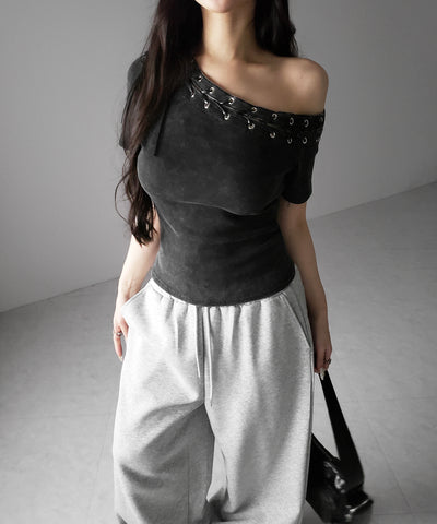 ヴィンテージカットアウトレースアップ半袖ワンショルリブトップス ／ vintage cutout laceup short sleeve one shoulder lib tops