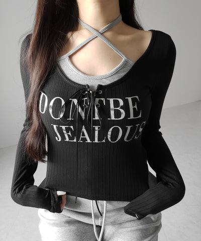 【 クロスネックにできる２WAY 】レースアップフェイクレイヤードロゴカットソートップス ／ laceup fake layered logo cutsew tops
