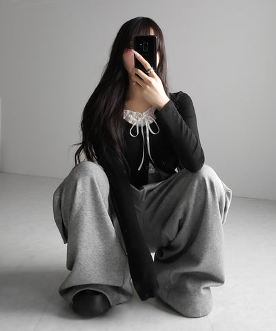 フロントリボンレースレイヤード長袖リブカーディガン ／front ribbon lace layered long-sleeve rib cardigan