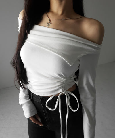 シャーリングリボンショートオフショルカットソートップス ／ shirring ribbon short off shoulder cutsew tops