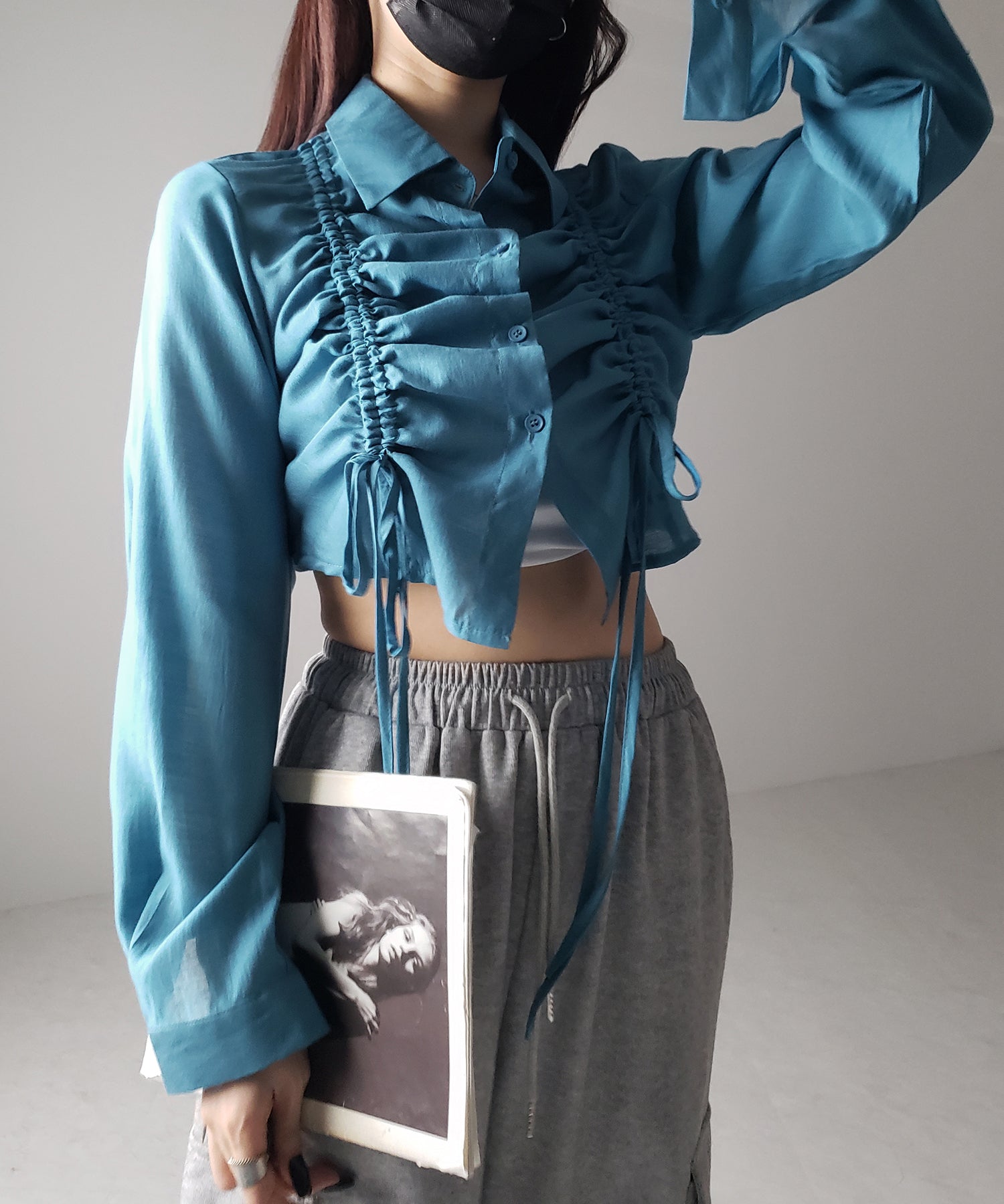 【 ３color 】ダブルリボンシャーリングショートシアーシャツ ／ double shirring ribbon short sheer shirts
