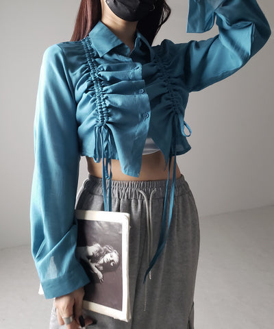 【 ３color 】ダブルリボンシャーリングショートシアーシャツ ／ double shirring ribbon short sheer shirts