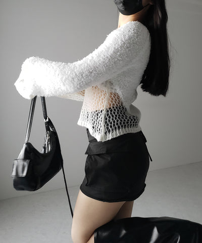 【 ２color 】異素材ドッキングスカシアミニットトップス ／ mixed material docking openwork knit tops