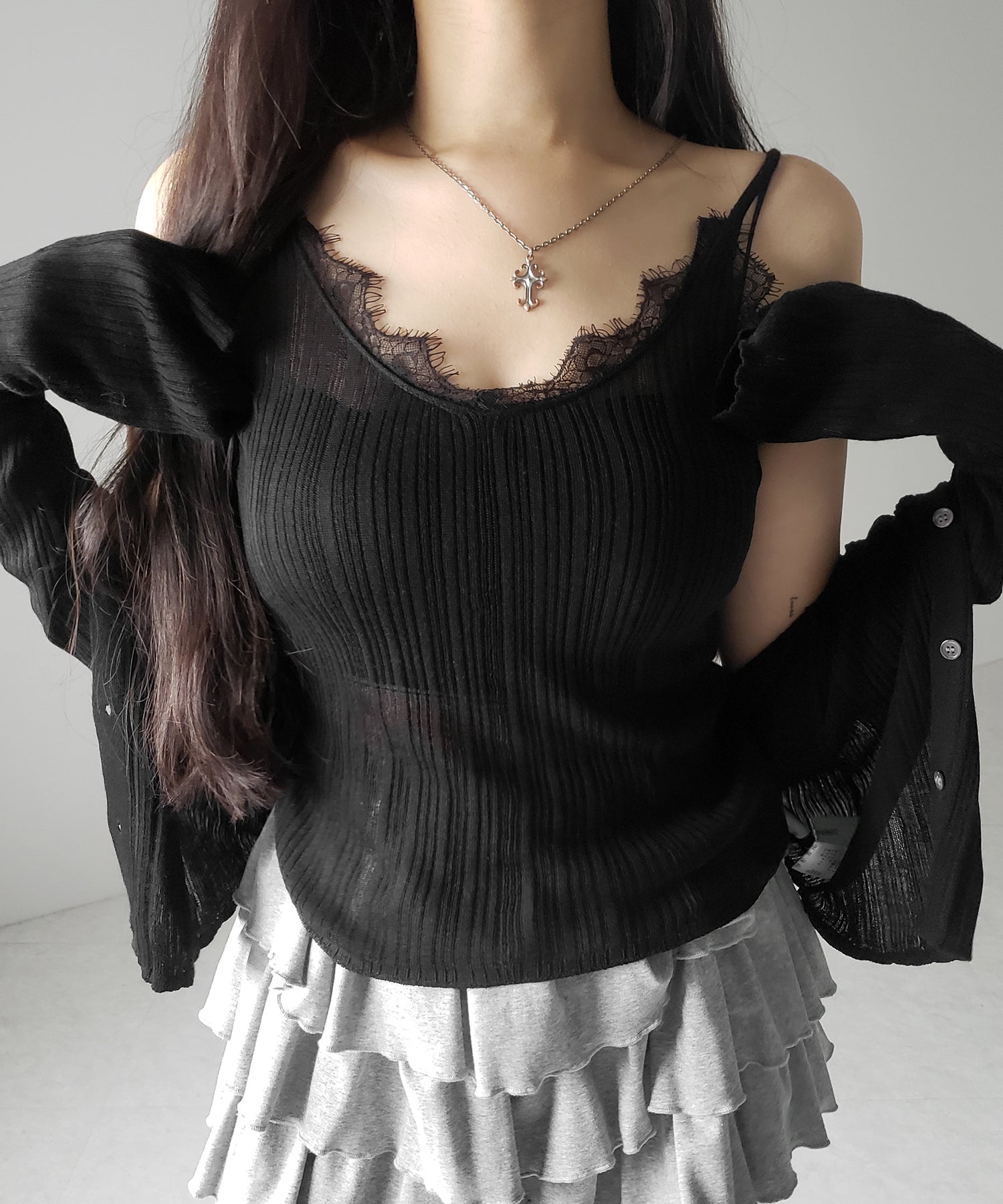 【 ２点セット 】レースニットキャミソール ＋ シアーニットカーディガン SET ／ lace knit camisole + sheer knit cardigan SET