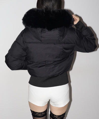 フェイクファーフード中綿ショートジャケット ／ fake fur hoodie fake down short jacket