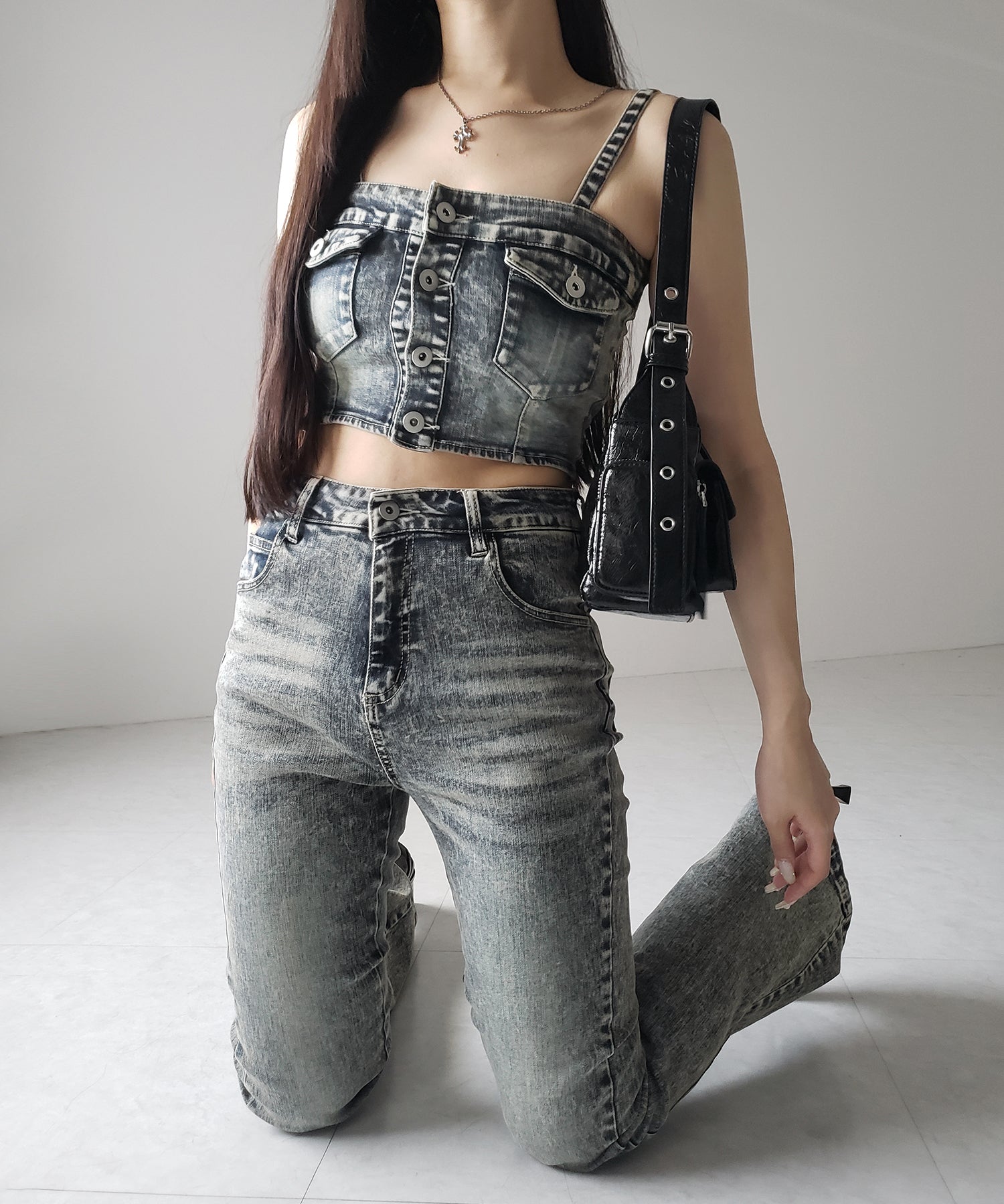 【 セットアップ 】ヴィンテージライクデニムビスチェ ＋ ストレッチフレアデニム SET ／ 【 SET UP 】 vintage like denim bustier + stretch flare denim