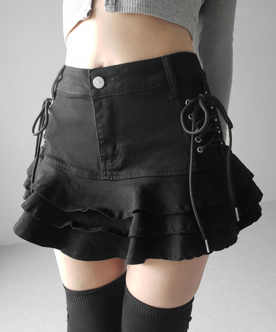 【 インパン裏地付 】レースアップブラックフリルミニスカート ／ laceup black frill mini skirt