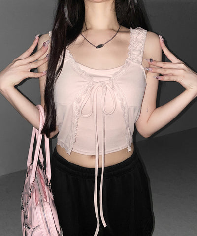 フロントリボンレイヤードリブキャミタンク ／ front ribbon layered lib camisole tank