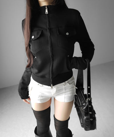 ダブルジップアウトポケット裏毛スリムジャケット ／ Double-zip outer pocket sweat slim jacket