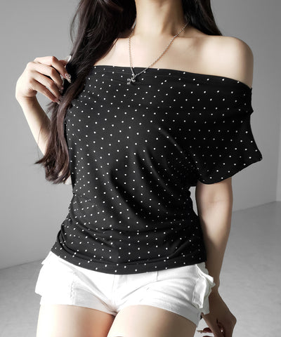 オフショルタックドレープドットＴシャツ ／ off shoulder tack drape shortsleeve dot T-shirts