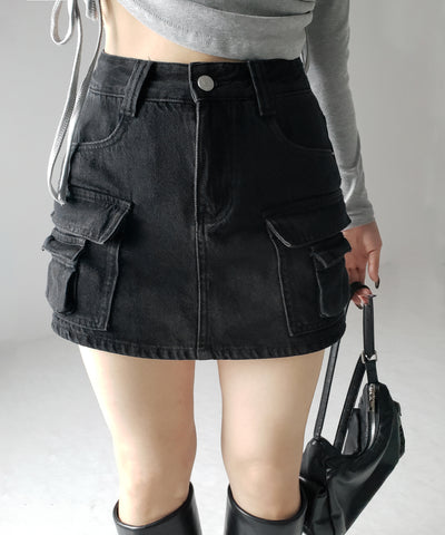 【 ３size ／ ２color 】ダブルポケットヴィンテージカーゴデニムミニスカパン ／ double pocket vintage cargo denim mini skirt pants