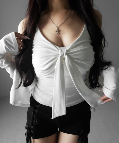 【 ２点セット 】リボンカットソーキャミソール ＋ カーディガンセット ／ribbon cutsew camisole + cardigan SET