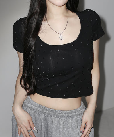 ラインストーンスクエアネックタイトＴシャツ ／Rhinestone square neck tight T-shirt