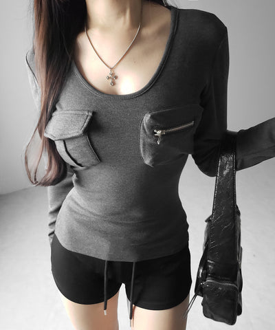 【 裏起毛 】アウトポケットオープンネックスリムトップス ／ out pocket open neck slim tops