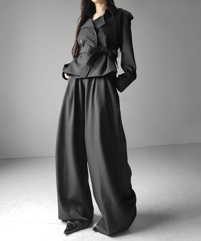 【 上下セットアップ 】ウエストマークショートトレンチコート ＋ タックワイドスラックスパンツ SETUP ／ Waist-mark short trench coat + tuck wide slacks pants