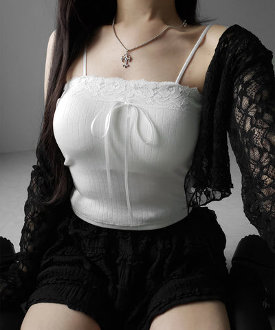 フロントリボンレースショートキャミソール ／ front ribbon lace short camisole