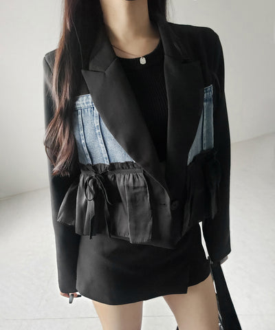デニムフリルドッキングショートテーラードジャケット ／denim frill docking short tailored jacket