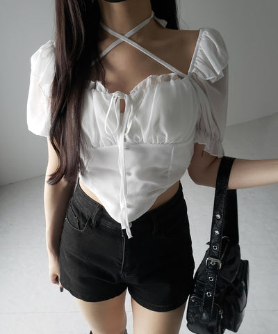 【 ２color ／ ２WAY 】フロントリボンクロスネック半袖シフォンブラウス ／ front ribbon cross neck short sleeve chiffon blouse