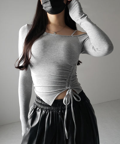 【 裏起毛 ／ カップ付 】サイドシャーリングリボンワンショルトップス ／ side shirring ribbon one shoulder tops