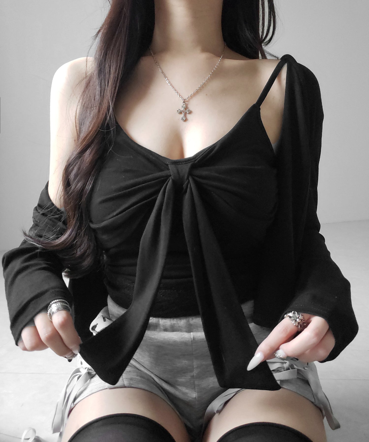 【 ２点セット 】リボンカットソーキャミソール ＋ カーディガンセット ／ribbon cutsew camisole + cardigan SET