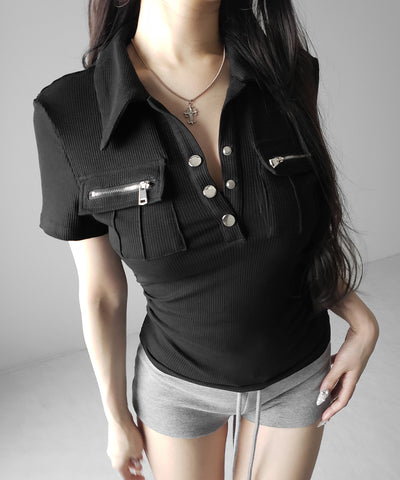 アウトポケットポロネックリブカットソートップス ／ out pocket polo neck rib cutsew tops