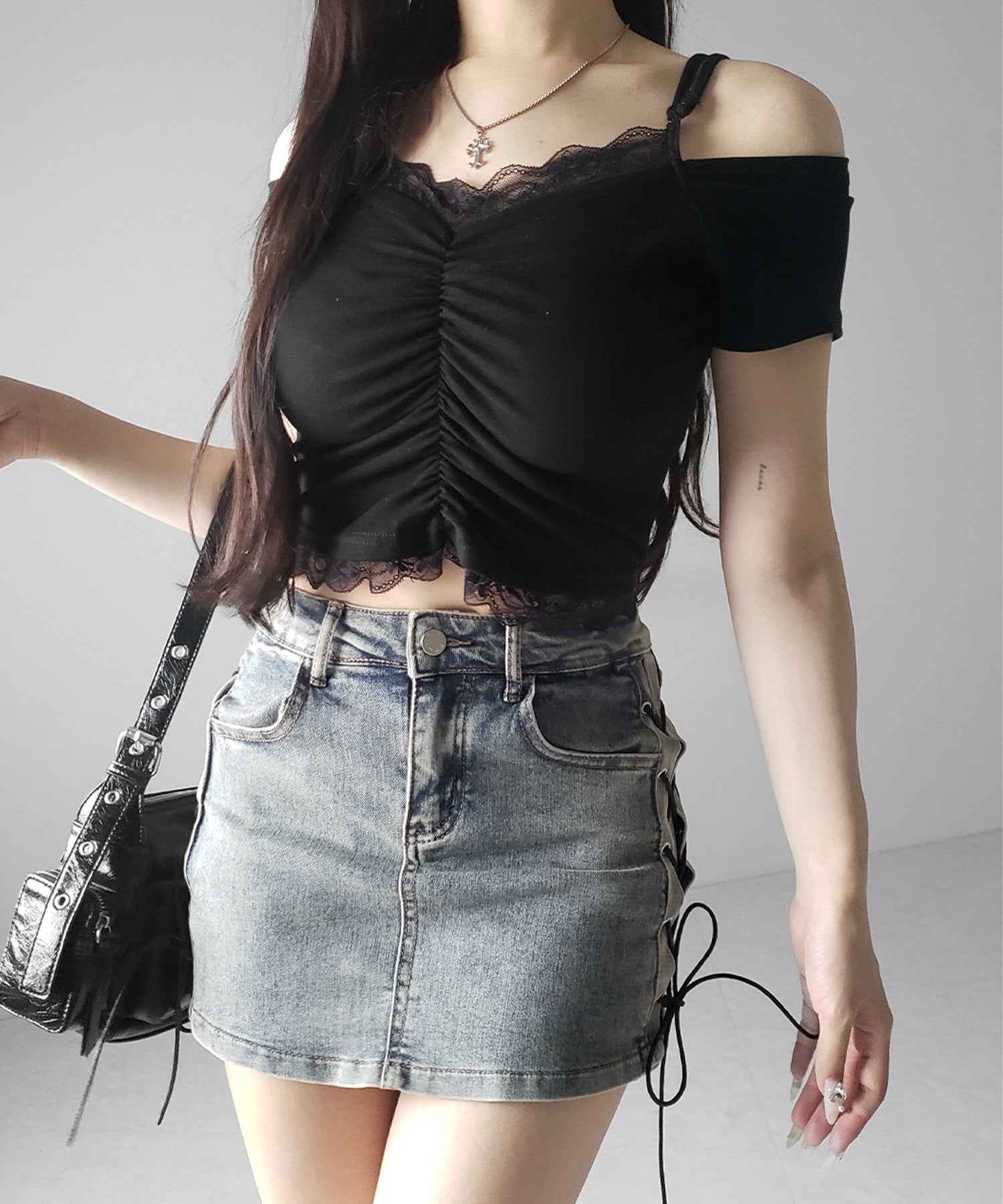 レースアップストレッチデニムミニスカパン ／ lace up stretch denim mini skirt pants