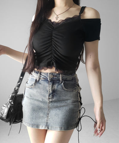 レースアップストレッチデニムミニスカパン ／ lace up stretch denim mini skirt pants