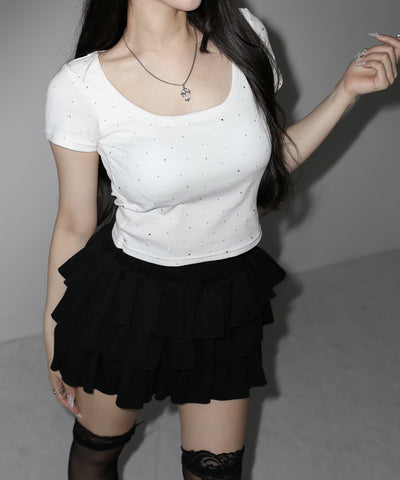 ラインストーンスクエアネックタイトＴシャツ ／Rhinestone square neck tight T-shirt