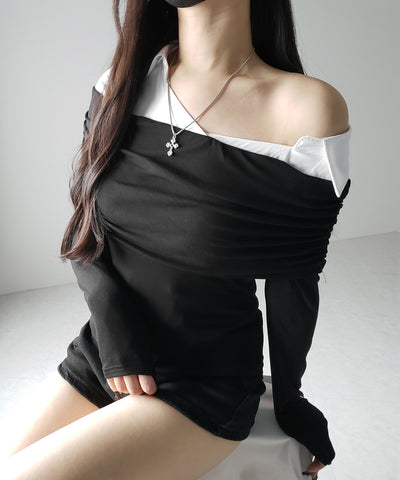 【 ２color 】シャツドッキングワイドオフショルトップス ／ shirt docking wide off shoulder tops