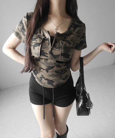 ヴィンテージカモフラアウトポケットジップ半袖Tシャツ ／ vintage camouflage out pocket zip short sleeve T-shirt