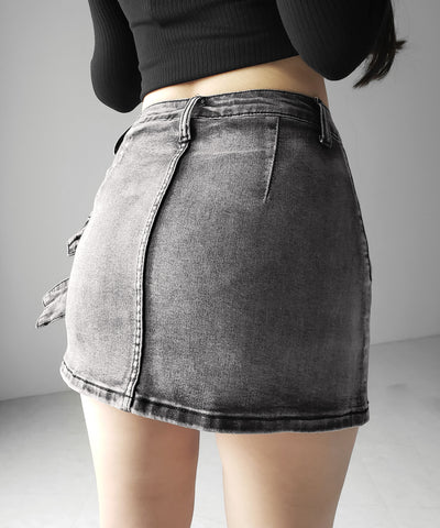 【 インパン裏地付 】ダブルハトメベルトヴィンテージデニムミニスカート ／ Double eyelet belt vintage denim mini skirt