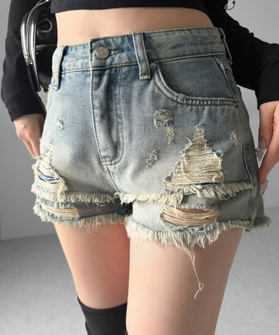 クラッシュダメージダブルフリンジデニムショートパンツ／crash damage double fringe denim short pants
