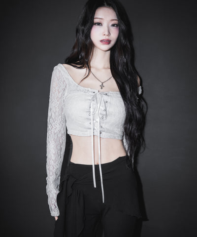【 ２color 】レースアップコルセットリボンショートレーストップス ／ laceup corset ribbon short lace tops
