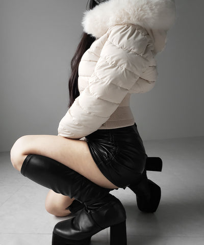 ウエストマークファーフードレディフェイクダウンジャケット ／ waist mark fur hooded lady fake down jacket