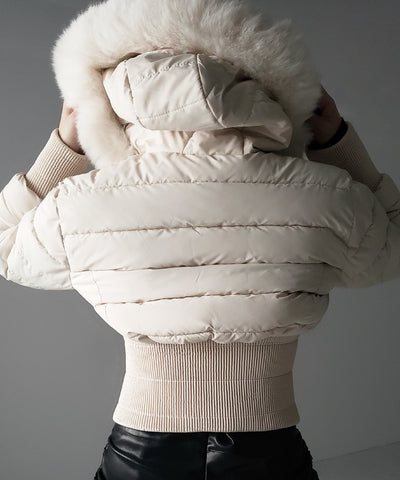 ウエストマークファーフードレディフェイクダウンジャケット ／ waist mark fur hooded lady fake down jacket