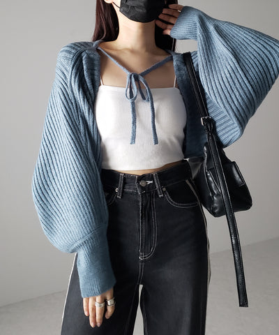 【 ９color 】２WAYリボンモヘアライクショートリブニットカーデ
