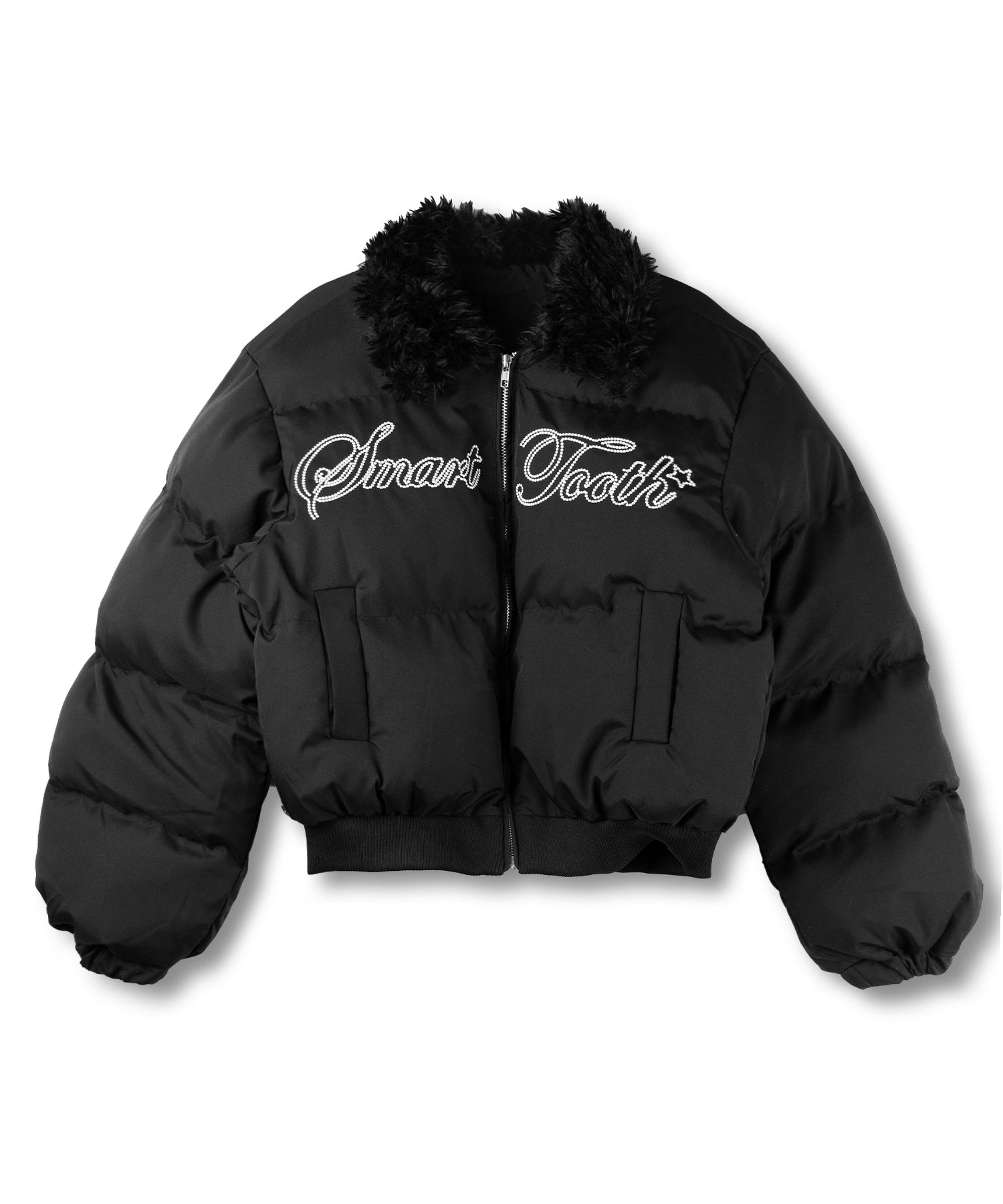 レタリングロゴ刺繍ショートパフダウンジャケット ／ lettering logo embroidery short puffer jacket