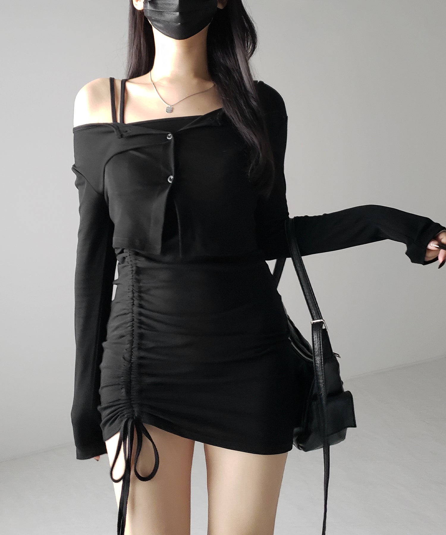 【 ２点セット 】シャーリングサイドリボンミニワンピース ＆ カーディガン SET ／ shirring side ribbon mini onepiece ＆ cardigan SET