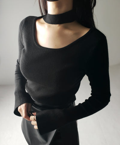 【 ２color 】チョーカーリブニットトップス ／choker lib knit tops