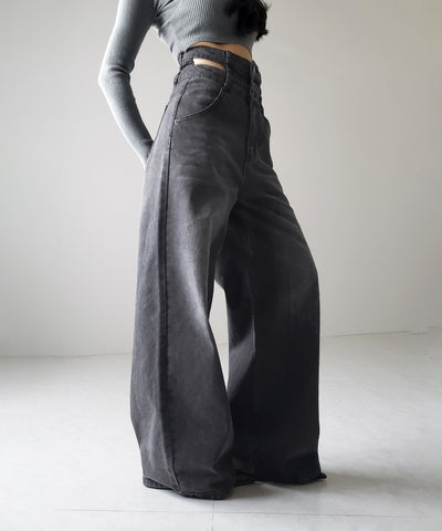 【２color ／４size 】カットアウトダブルハイウエストワイドデニム ／　cutout double high waist wide denim