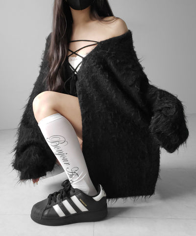 レースアップリボンオーバーシャギーニットカーディガン ／ lace up ribbon over shaggy knit cardigan