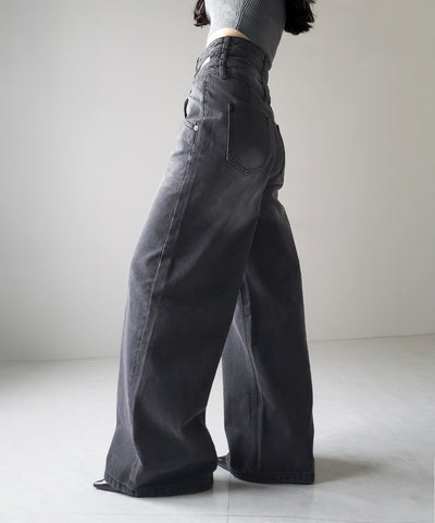 【２color ／４size 】カットアウトダブルハイウエストワイドデニム ／　cutout double high waist wide denim